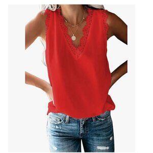 Red Lace Trim Sleeveless Sexy Summer Lace Trim Sleeveless Cami Tank Tops Dressy